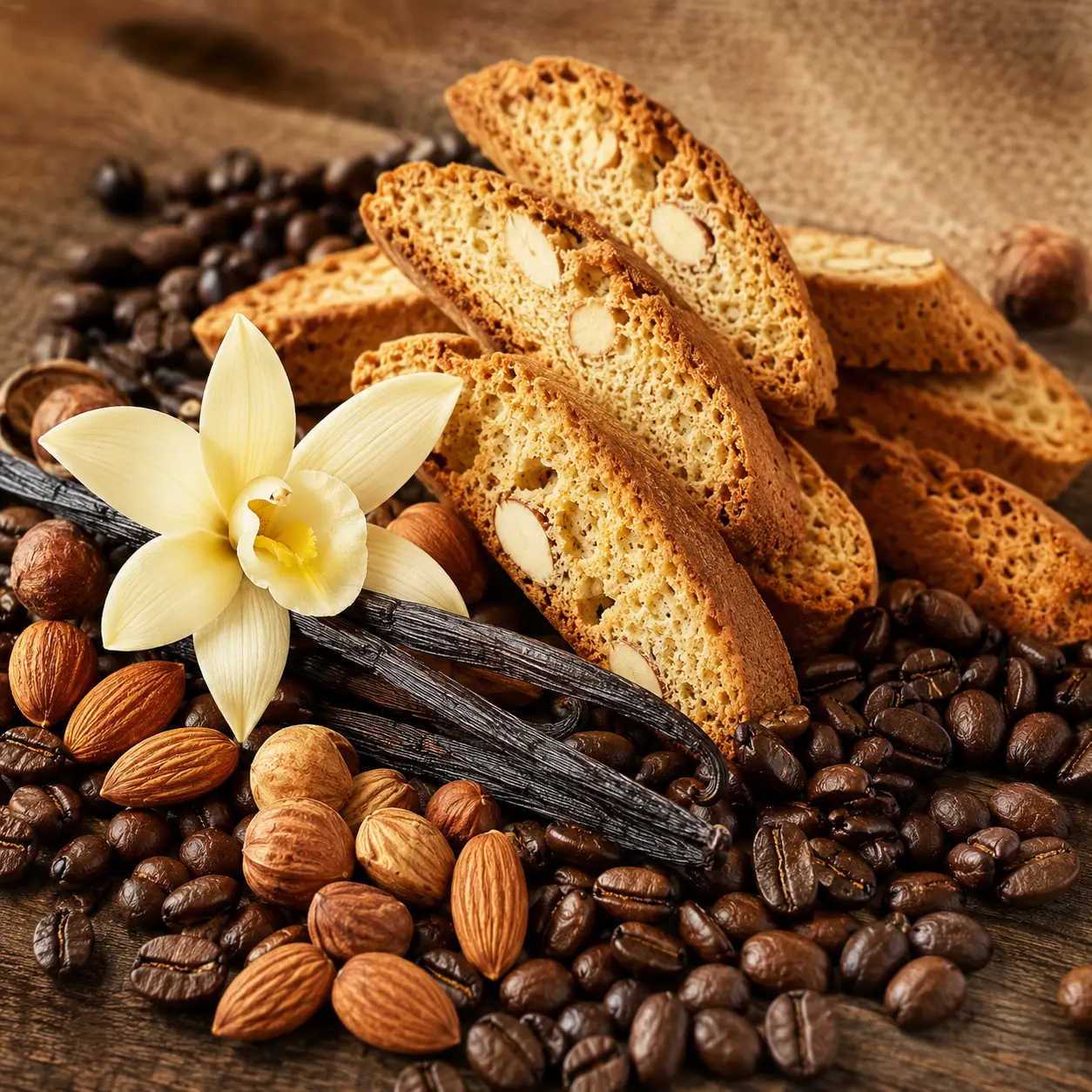 biscotti-vanilla-nut-coffee-bean-flavor - Coffee Bean Flavor Dot Com Stack of almond biscotti with vanilla flower and coffee beans on a rustic wooden surface.